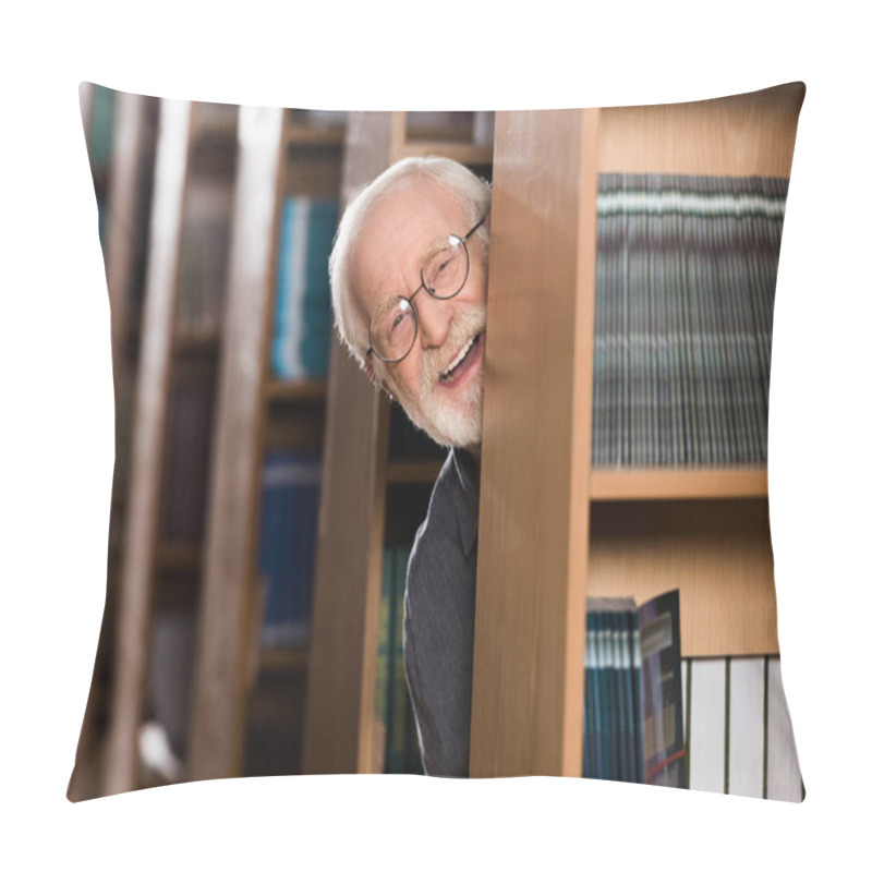 Personality  Happy Grey Hair Librarian Looking Out From Shelf  Pillow Covers