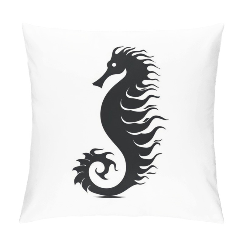 Personality  Stylized Black Seahorse Illustration With Flowing Mane, Showcasing Elegance In A Minimalist Design. Pillow Covers