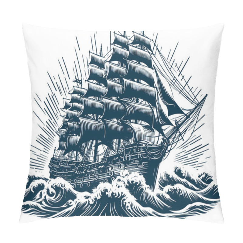 Personality  Vintage Style Vector Illustration Of A Sailing Ship Battling Ocean Waves Created In An Engraved Techniq Pillow Covers