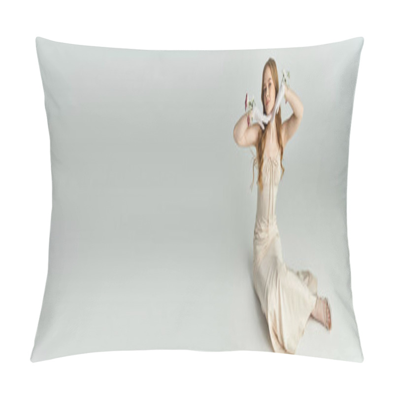 Personality  A Beautiful Woman Showcases Flowers With Grace And Elegance In Serene Surroundings. Pillow Covers