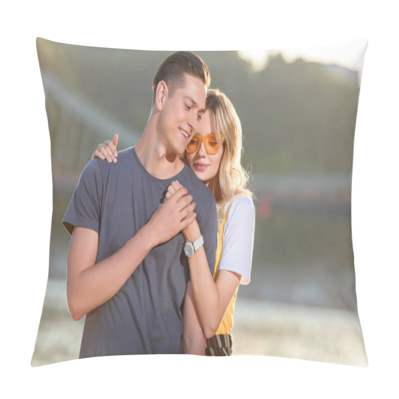 Personality  Girlfriend Hugging Boyfriend On River Beach In Evening Pillow Covers