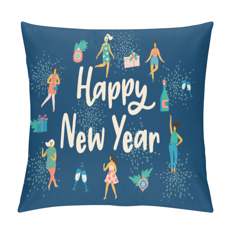 Personality  Christmas And Happy New Year Illustration With Dancing Women. Pillow Covers