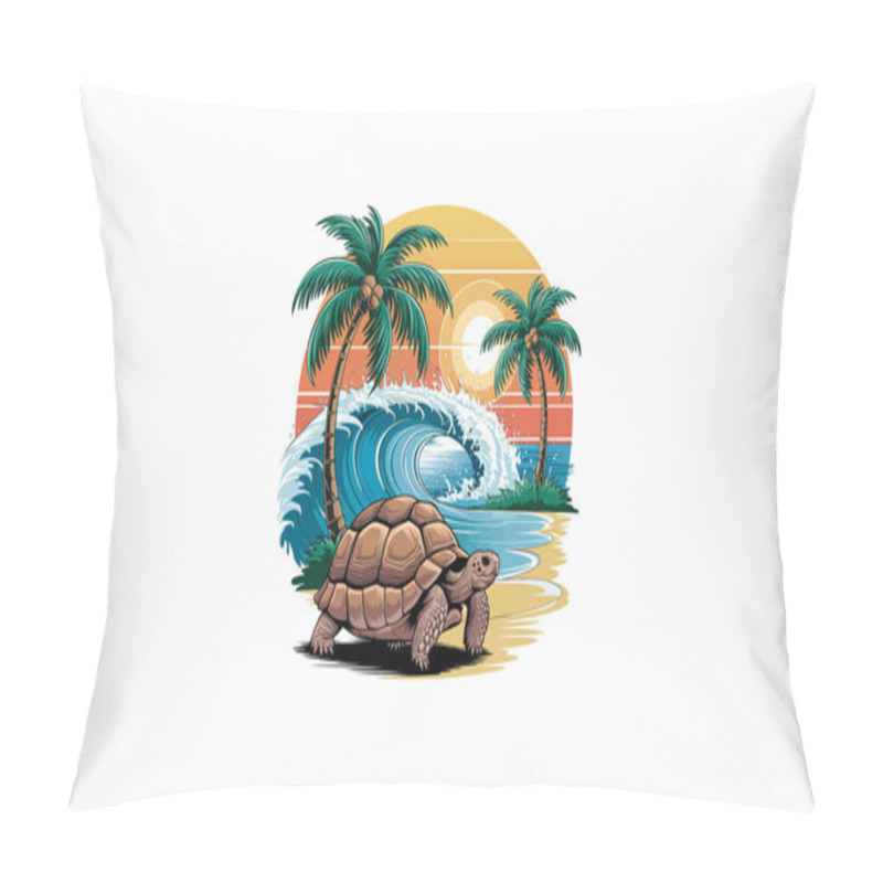 Personality  Tortoise On Tropical Beach With Waves, Palm Trees, Sunset Scene. Pillow Covers