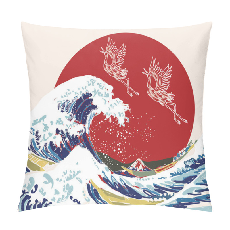 Personality  Japanese Style Background Vector. Storks And Wave Hand Drawing Vector Illustration Pillow Covers