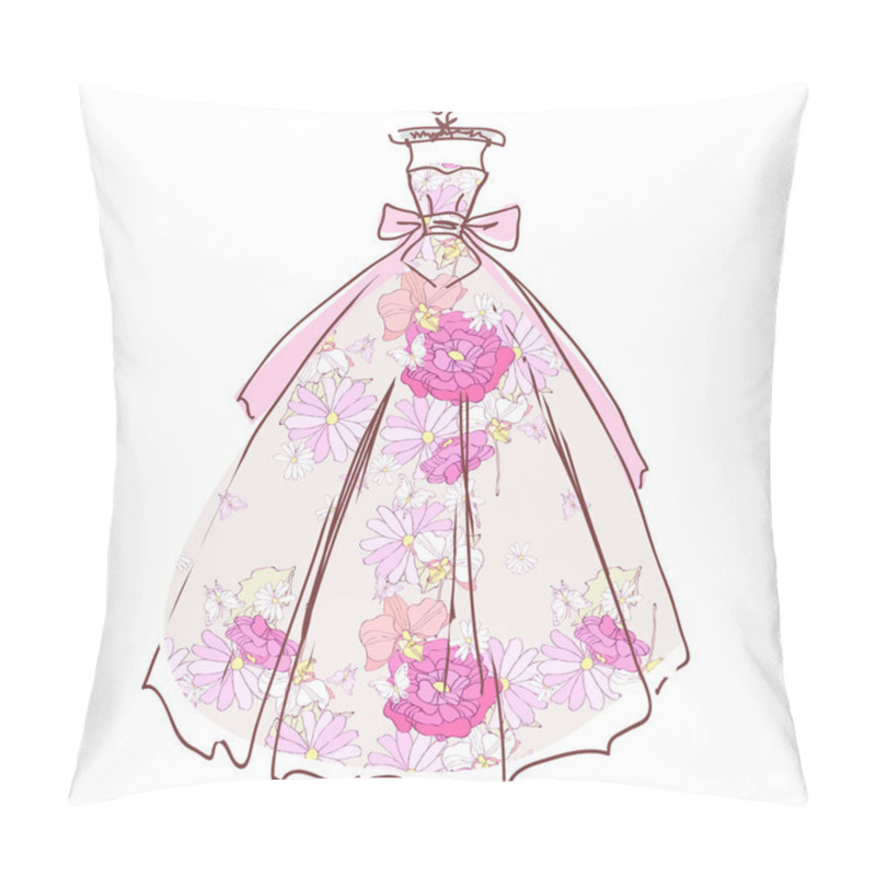 Personality  Pastel Pink Wedding Dress With Flowers Isolated On White Background, Vector, Illustration Pillow Covers