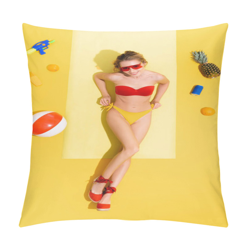 Personality  Top View Of Cheerful Woman In Swimsuit Near Water Gun, Sunscreen, Inflatable Ball, Can Of Soda And Fruits On Yellow Pillow Covers