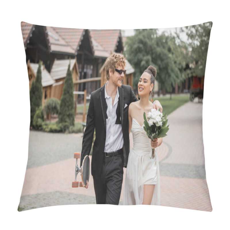 Personality  Cheerful Interracial Couple Walking In City With Longboard And Flowers, Wedding Attire, Sunglasses Pillow Covers