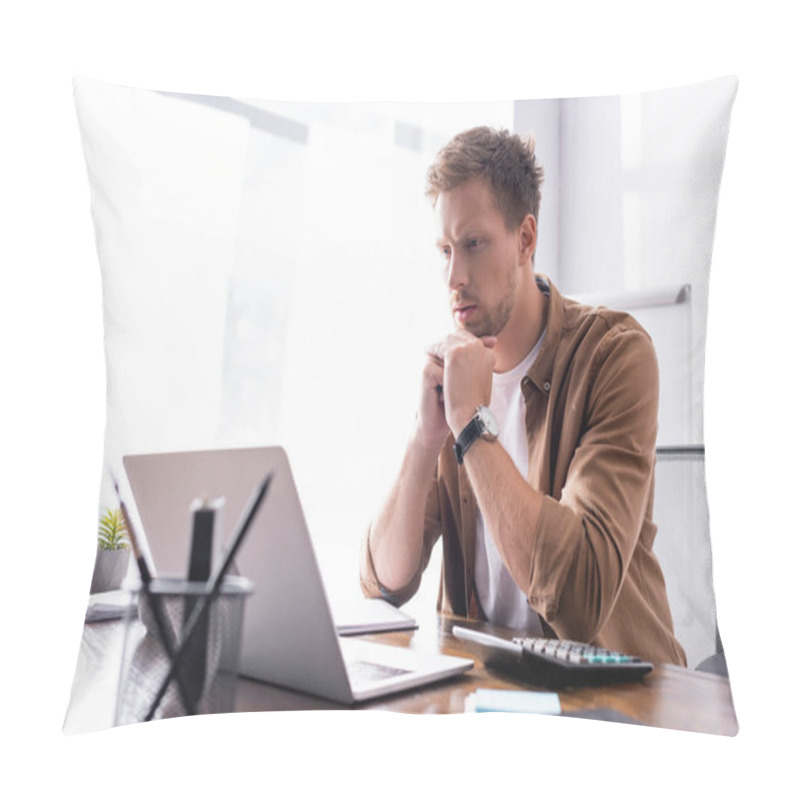 Personality  Selective Focus Of Young Businessman Looking At Laptop Near Calculator And Stationery In Office  Pillow Covers