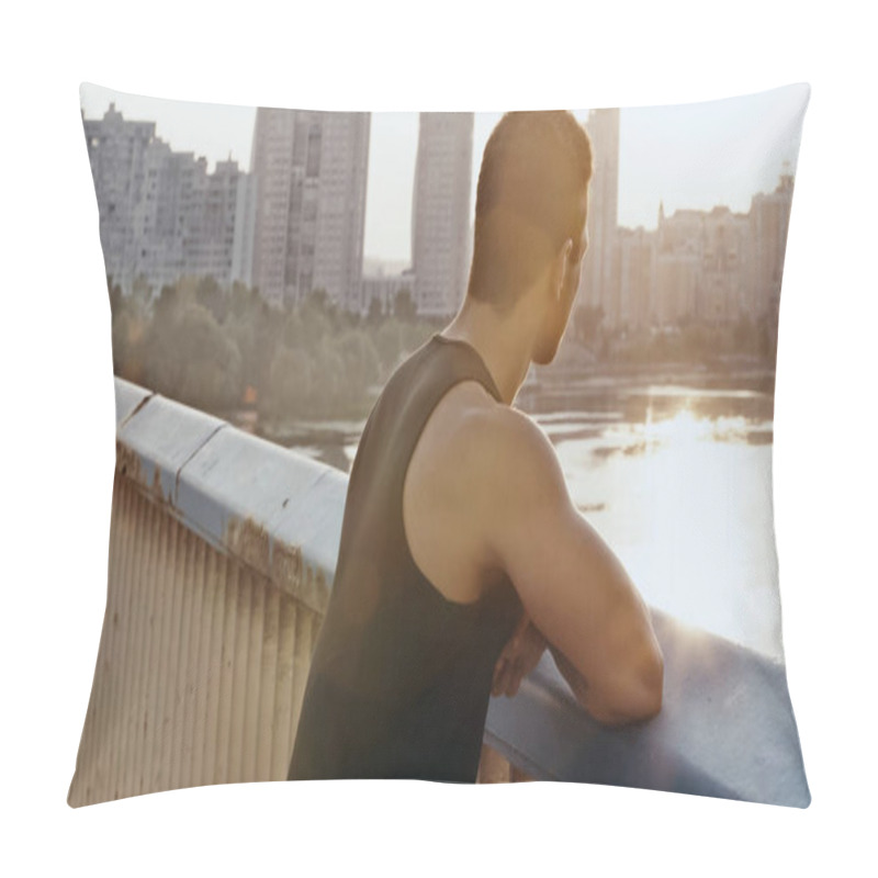 Personality  Bi-racial Sportive Man Standing On Bridge Over River At Dawn Pillow Covers