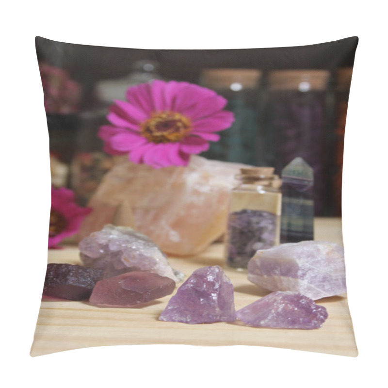 Personality  Amethyst Crystals With Flowers And Incense Cones On Meditation Altar Pillow Covers