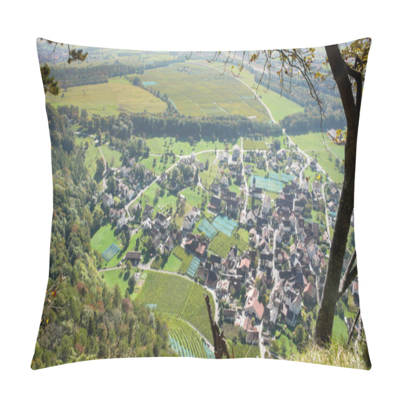 Personality  View Of A Beautiful Small Alpine Village With Many Vineyards Seen From Above And Framed By Leaves And Trees Pillow Covers