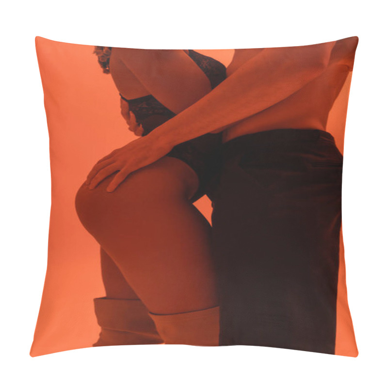 Personality  Partial View Of Sexy Interracial Couple, Shirtless Man In Black Pants And African American Woman In Lace Bodysuit Embracing On Orange Background With Red Lighting Effect Pillow Covers