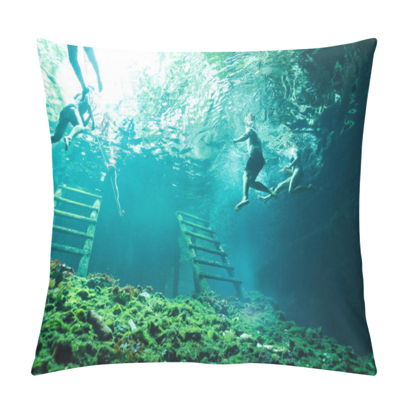 Personality  Tourists Snorkeling And Swimming In Gran Cenote - Tulum, Mexico. Underwater Tourism Photo Pillow Covers