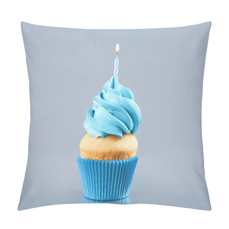 Personality  Delicious Birthday Cupcake With Burning Candle On Light Grey Background Pillow Covers