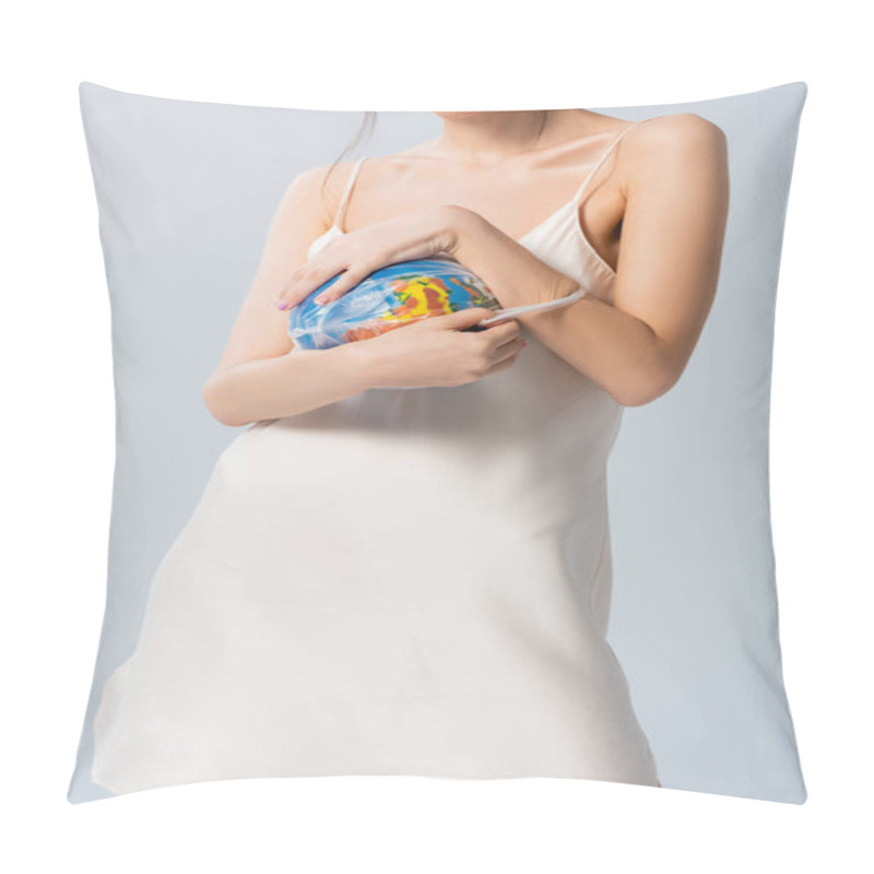 Personality  Cropped View Of Young Woman In Silk Dress Holding Plastic Bag With Globe Isolated On White, Ecology Concept  Pillow Covers