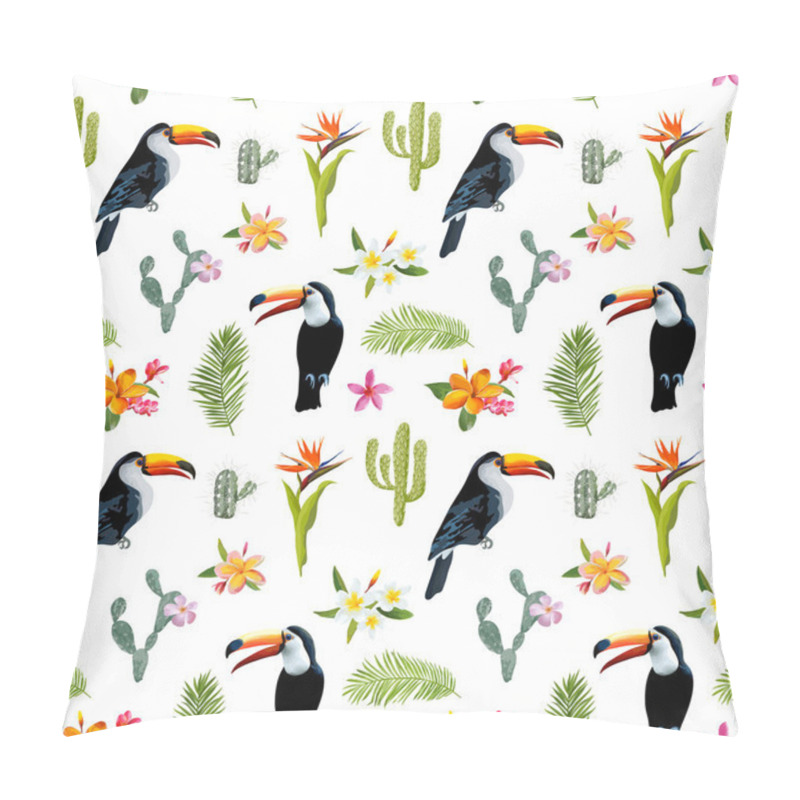 Personality  Tropical Background. Toucan Bird. Cactus Background. Tropical Flowers. Seamless Pattern. Vector Pillow Covers