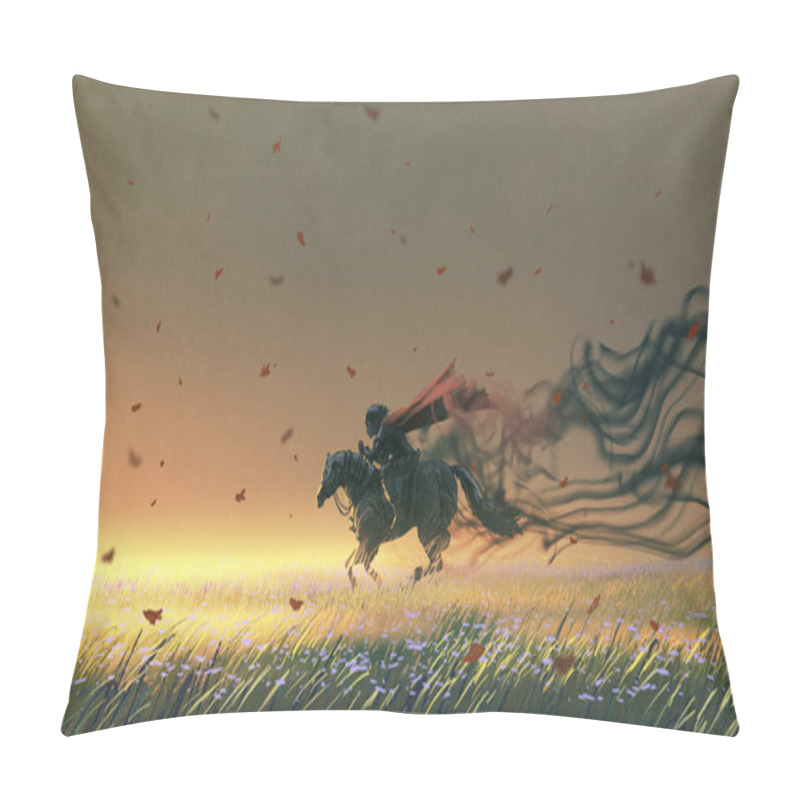 Personality  Knight Riding A Horse Running In The Meadow, Digital Art Style, Illustration Painting Pillow Covers