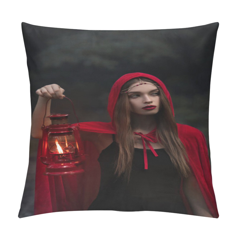 Personality  Attractive Mystic Girl In Red Cloak With Kerosene Lamp Walking In Dark Forest  Pillow Covers