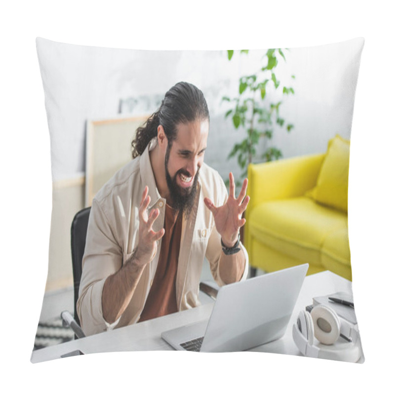 Personality  Irritated Latin Freelancer Gesturing While Looking At Laptop  Pillow Covers