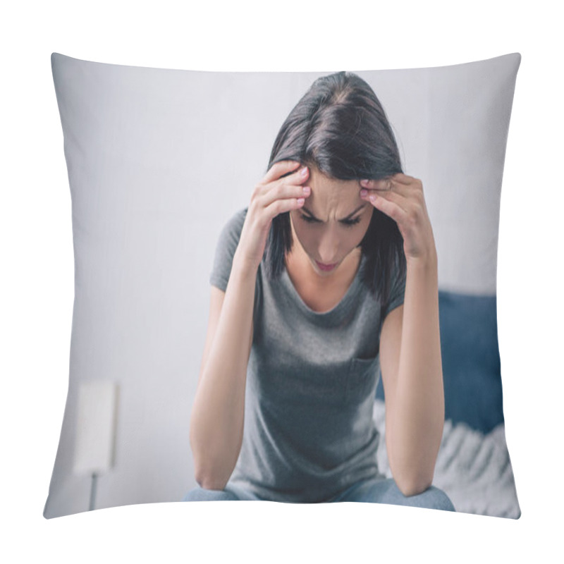 Personality  Beautiful Depressed Woman Sitting On Bed And Touching Forehead At Home Pillow Covers