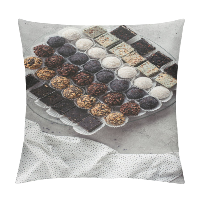 Personality  Top View Of Arranged Various Sweet Desserts On Plate And Tablecloth On Grey Surface Pillow Covers