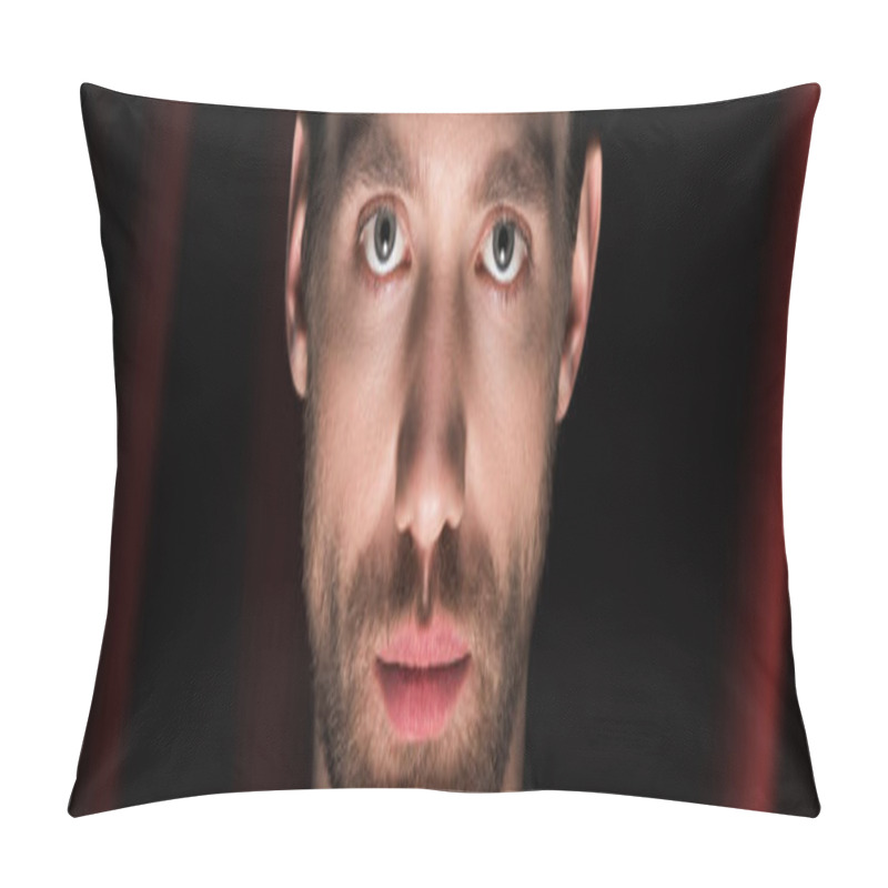 Personality  Panoramic Shot Of Handsome Bearded Man With Red Curtains Behind Pillow Covers