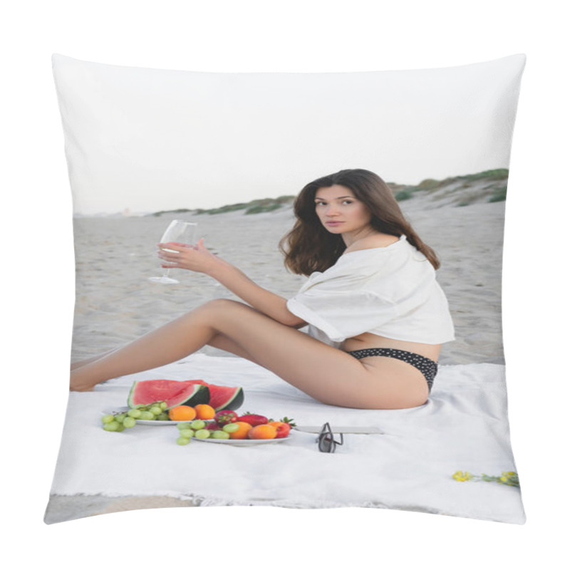 Personality  Brunette Woman In Shirt Holding Wine And Looking At Camera Near Fruits And Sunglasses On Blanket On Beach  Pillow Covers