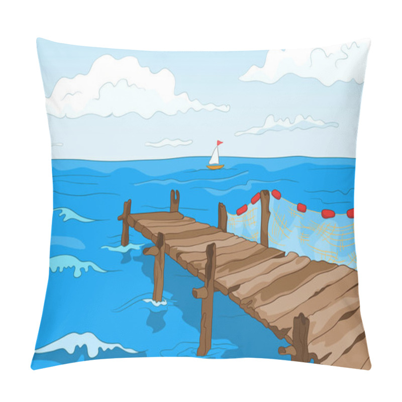 Personality  Cartoon Background Of Blue Sea With Pier. Pillow Covers