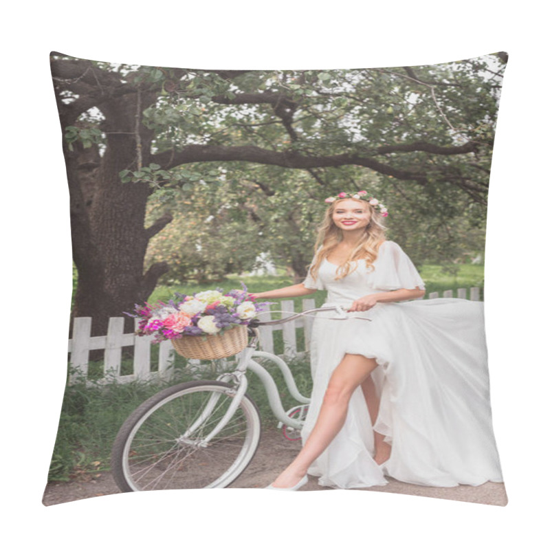 Personality  Beautiful Young Bride Walking With Bicycle And Smiling At Camera Pillow Covers