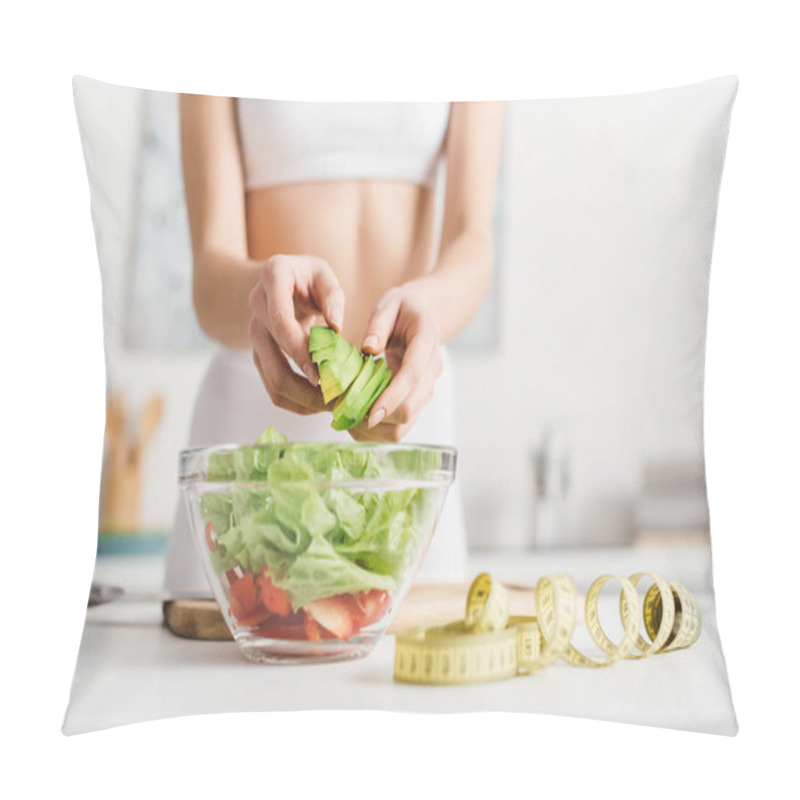 Personality  Cropped View Of Slim Woman Cooking Salad With Fresh Vegetables And Avocado Near Measuring Tape On Kitchen Table Pillow Covers