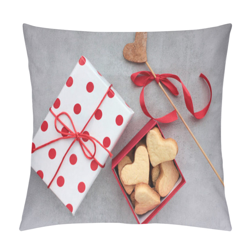 Personality  Gift Box In Wrapping Paper With Red Polka Dot Pattern And Heart Shaped Cookies On Gray Concrete Background. Top View, Copy Space. Love Valentines Day Concept Pillow Covers