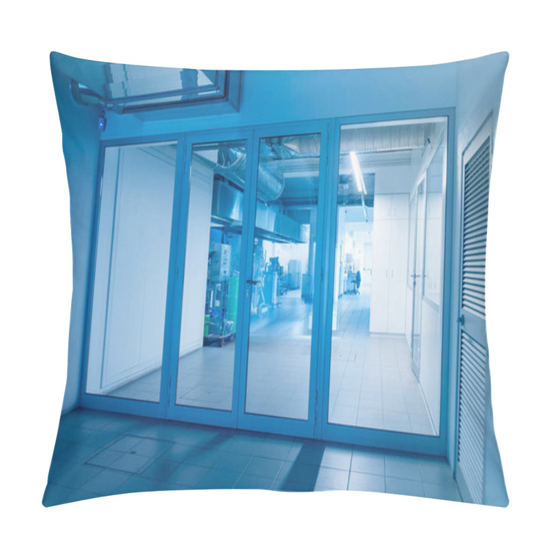 Personality  Modern Laboratory Or Industrial Facility With A Clean, Minimal Design, Viewed Through Glass Walls. Blue Lighting Emphasizes A Futuristic, High-tech Atmosphere, Ideal For Innovation And Technology Concepts. Pillow Covers