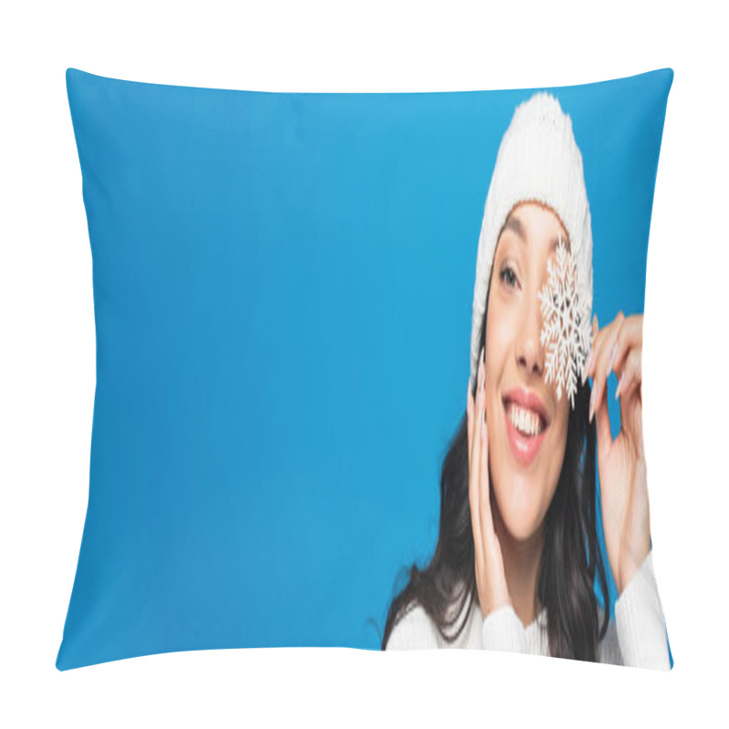 Personality  Happy Woman In Knitted Hat Holding Decorative Snowflake Near Eye Isolated On Blue, Banner Pillow Covers