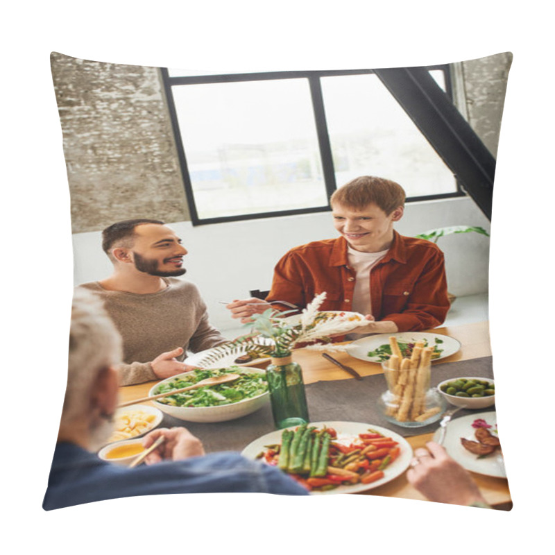 Personality  Redhead Man Looking At Parents While Serving Salad Near Gay Partner During Family Dinner Pillow Covers