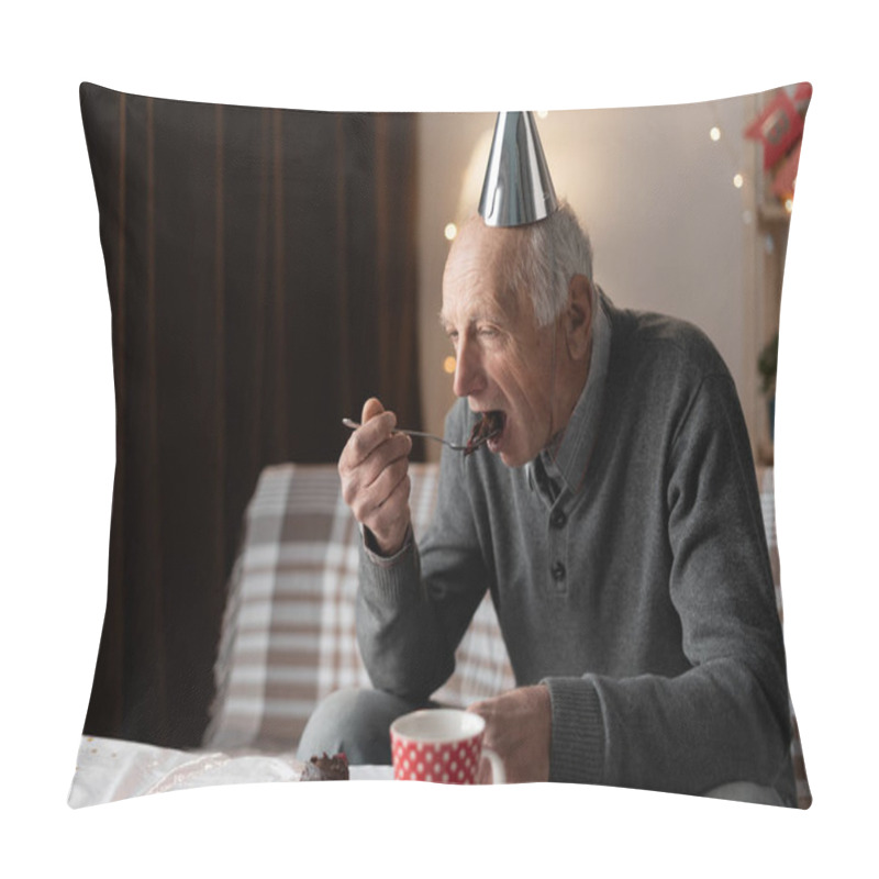 Personality  Lonely Forgotten By Children Old Man Celebrating Birthday Alone Eating Holiday Cake At Home. Copy Space Pillow Covers