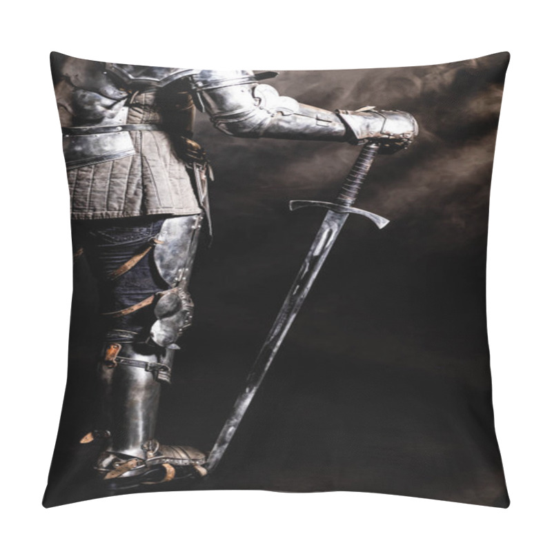 Personality  Cropped View Of Knight In Armor Holding Sword On Black Background  Pillow Covers