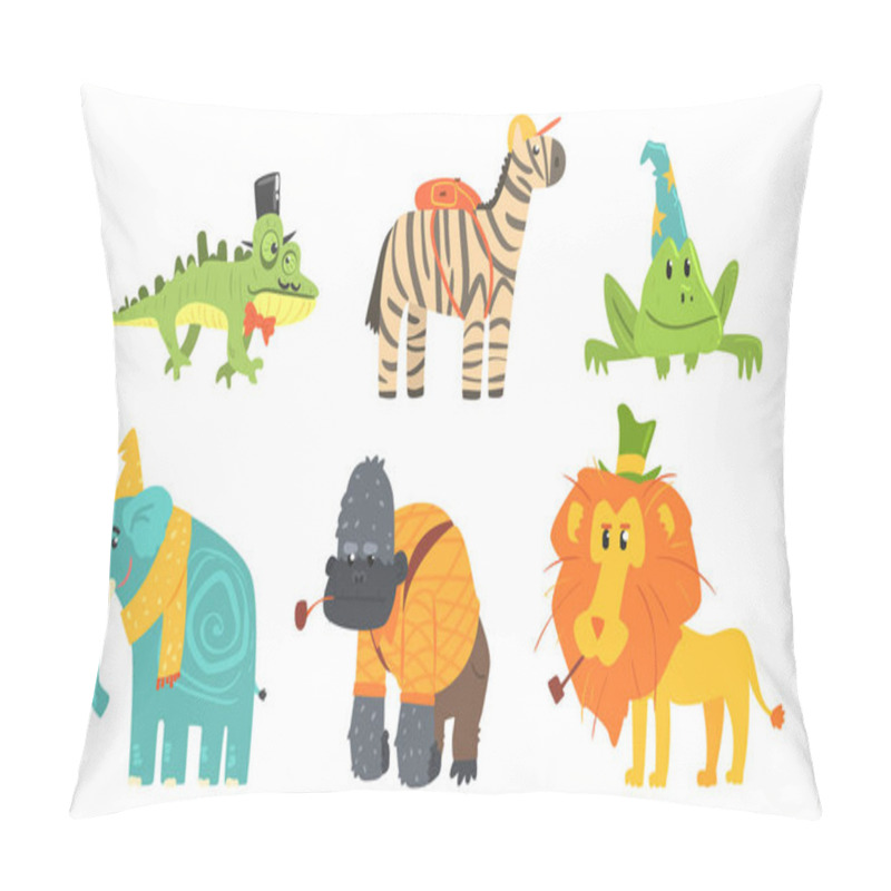 Personality  Funny African Animals Cartoon Characters Set, Gorilla, Chameleon, Frog, Elephant, Lion, Zebra Vector Illustration Pillow Covers