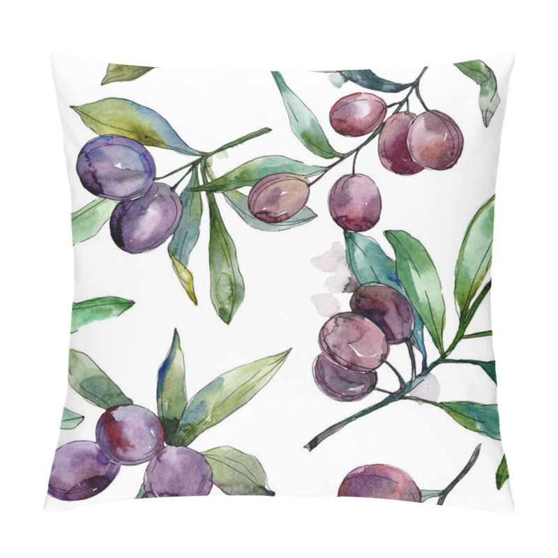 Personality  Black Olives On Branches With Green Leaves. Botanical Garden Floral Foliage. Watercolor Background Illustration. Seamless Background Pattern. Fabric Wallpaper Print Texture. Pillow Covers