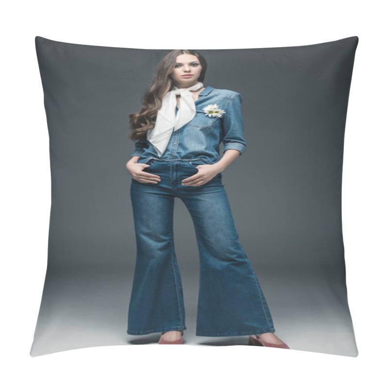 Personality  Beautiful Girl With Long Hair Posing In Scarf, Flare Jeans And Denim Shirt, On Grey Pillow Covers