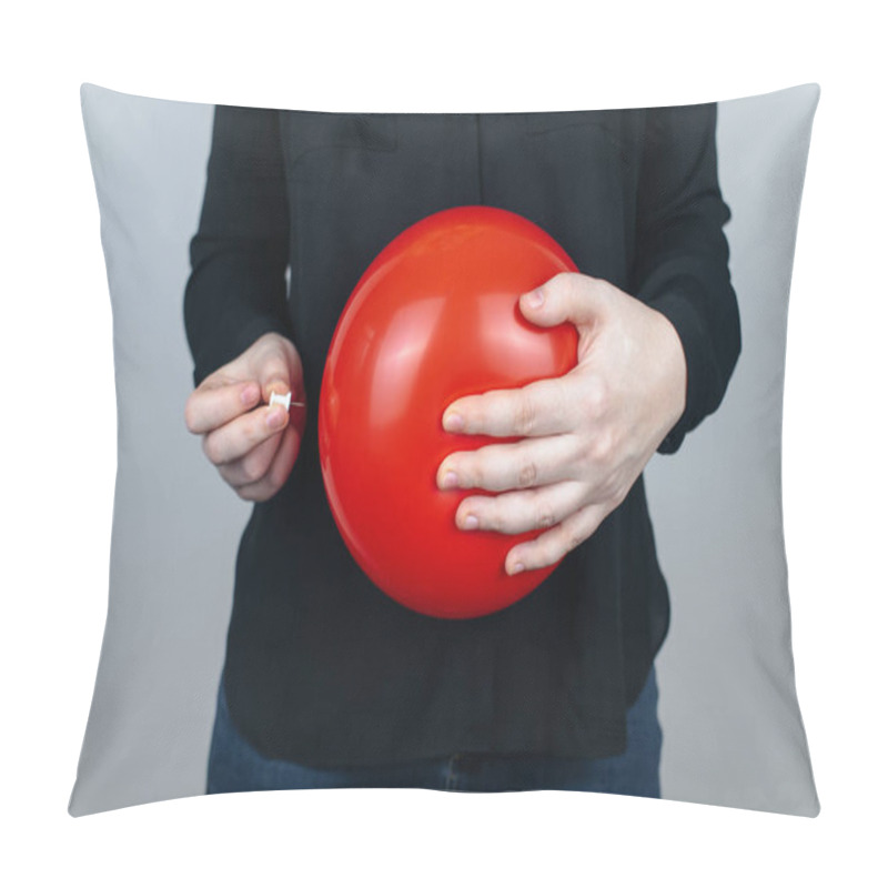 Personality  Conceptual Photography. The Woman Holds A Red Ball Near His Belly, Which Symbolizes Bloating And Flatulence. Then She Brings A Needle To It To Burst The Balloon And Thus Get Rid Of The Problem. Pillow Covers