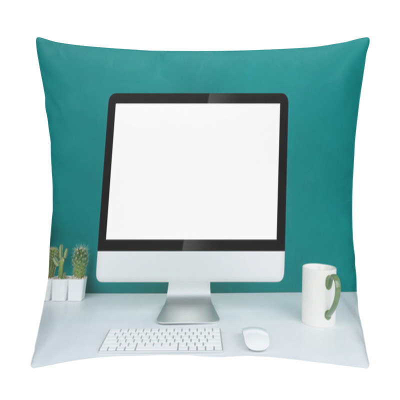 Personality  Computer With Blank White Copy Space For Text, Mockup Design Desktop Computer In Office On White Table With Keyboard And Coffee Cub, Work Place Concept, Cactus In Pot. Pillow Covers