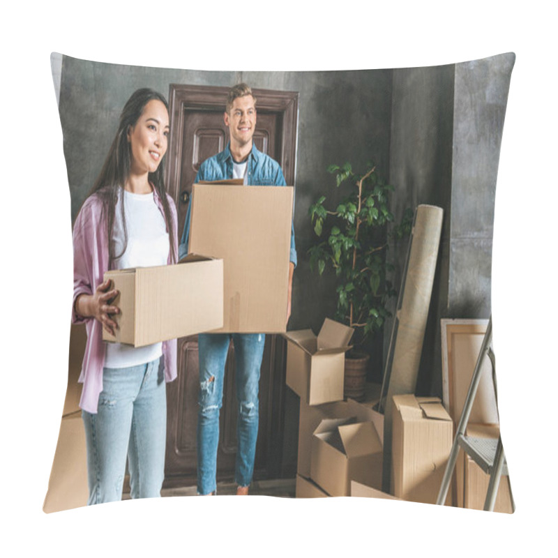 Personality  Beautiful Young Couple With Boxes Moving Into New Home Pillow Covers