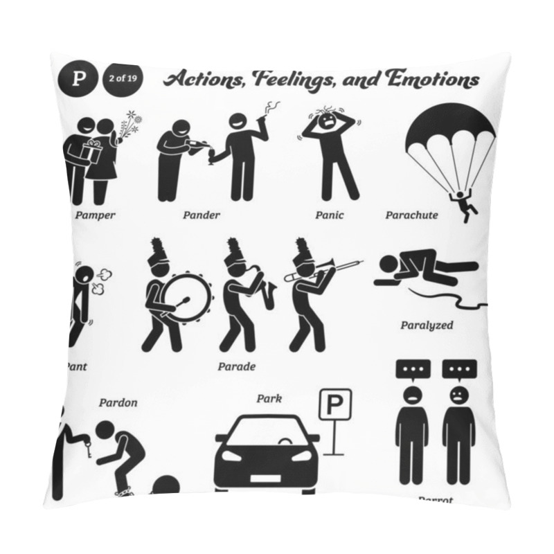 Personality  Stick Figure Human People Man Action, Feelings, And Emotions Icons Alphabet P. Pamper, Pander, Panic, Parachute, Pant, Parade, Paralyzed, Pardon, Park, And Parrot.  Pillow Covers