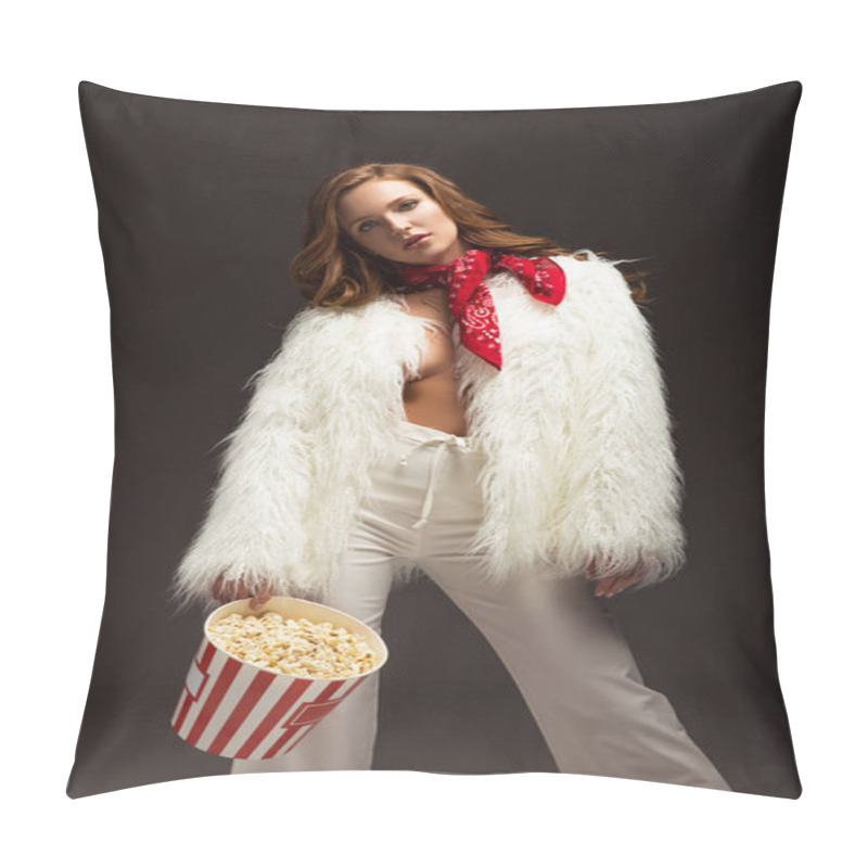 Personality  Brown-haired Woman Holding Popcorn In Hand Isolated On Gray Pillow Covers