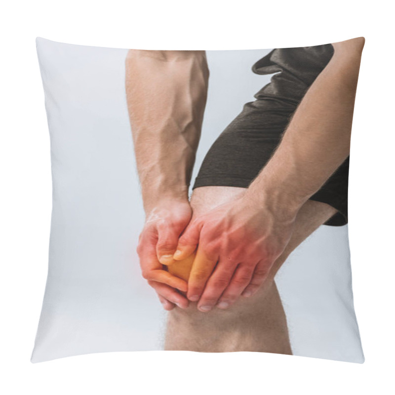 Personality  Cropped View Of Sportsman With Knee Pain Isolated On Grey Pillow Covers