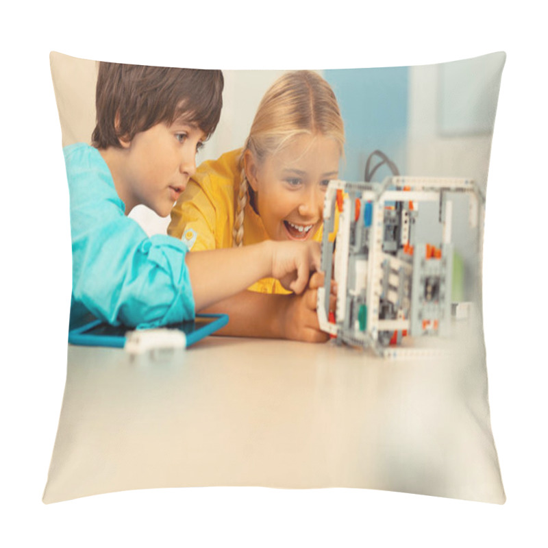 Personality  Excited Children Playing With The Robot At Science Class. Pillow Covers