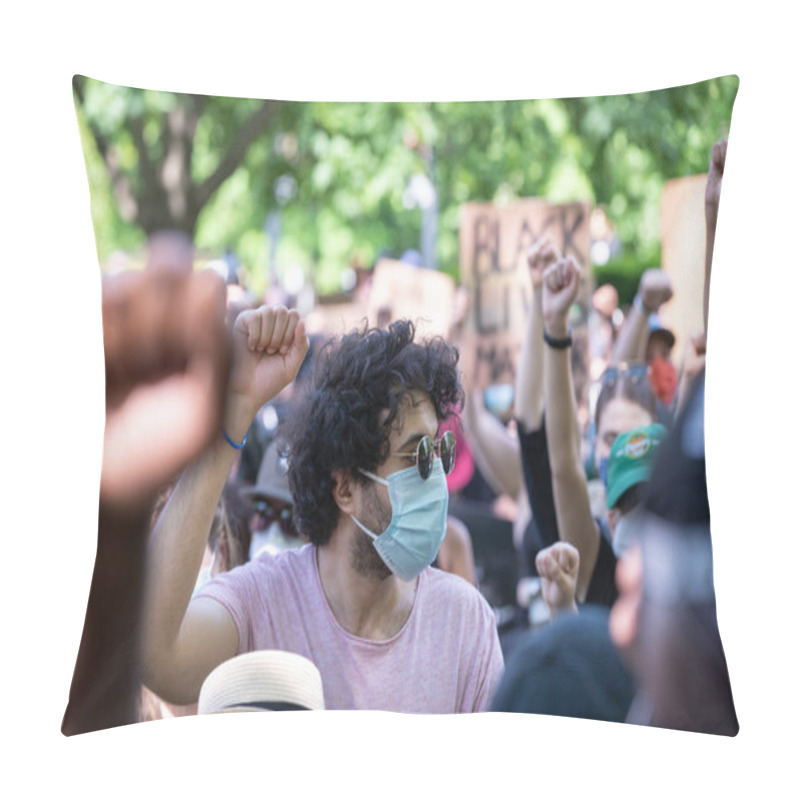 Personality  TORONTO, ONTARIO, CANADA - JUNE 6, 2020: Anti-Racism March, In Solidarity With Black Lives Matter And Against The Death Of George Floyd And Police Injustice. Pillow Covers