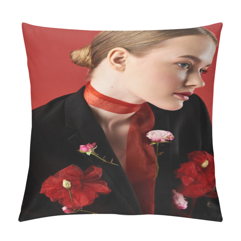 Personality  A Beautiful Young Woman Showcases Floral Accents In A Striking Portrait. Pillow Covers