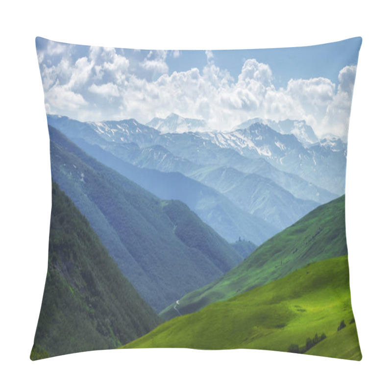 Personality  Mountains Nature Landscape On Sunny Summer Day. Mountains Ranges In Svaneti, Georgia. Scenery Hills And Mountain. Amazing Mountain Range. Alpine. Green Meadow Covered By Grass In Highlands Pillow Covers