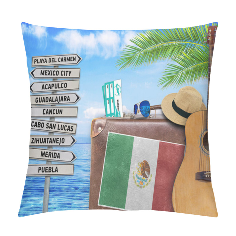 Personality  Concept Of Summer Traveling With Old Suitcase And Mexico Town Sign Pillow Covers